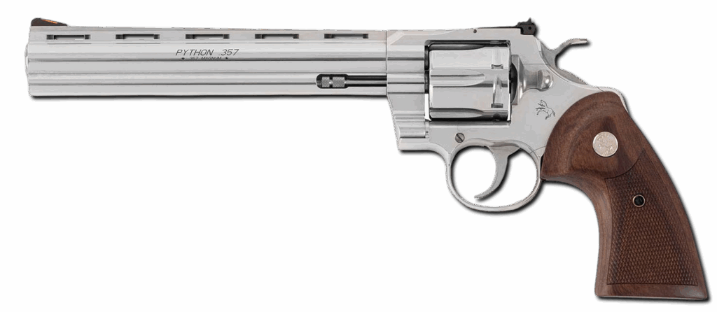 Stainless Colt Python revolver with walnut grips on a dark background