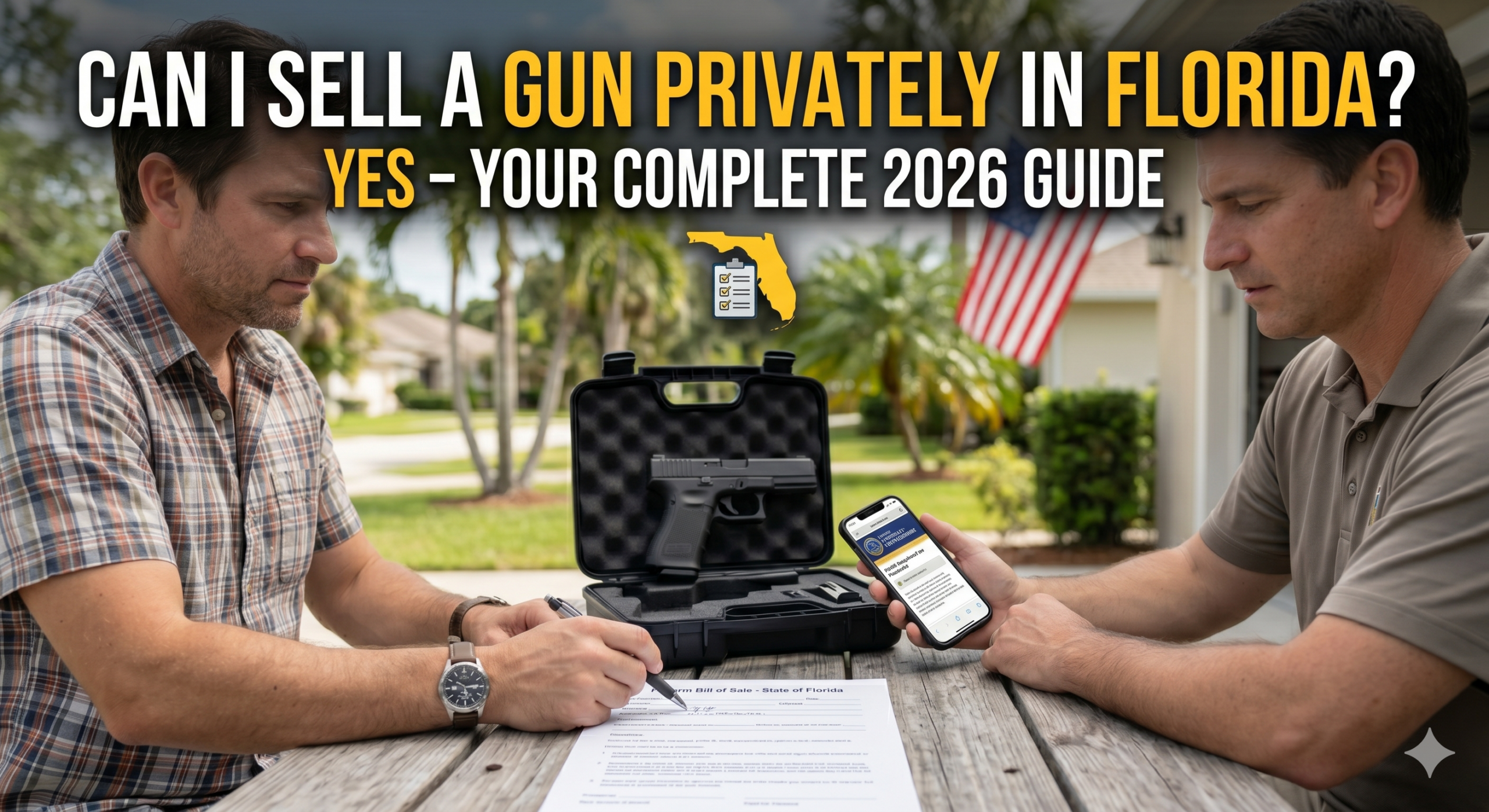 Two Men Sit at an Outdoor Picnic Table Finalizing a Private Firearm Transaction One Man Signs a Florida Firearm Bill of Sale While the Other Looks at a Legal Website on His Smartphone Between Them is an Open Case Containing a Handgun the Image Includes Text That Reads can I Sell a Gun Privately in Florida Yes   Your Complete  Guide Along with a Graphic of the State of Florida and a Checklist