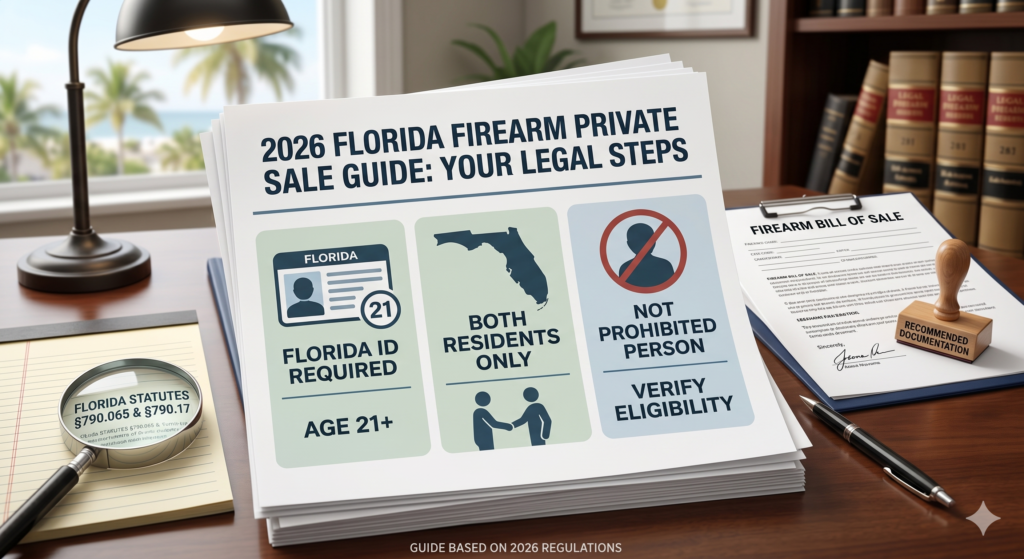 Infographic outlining the 2026 legal steps for private firearm sales in Florida, including age 21+ requirement, residency verification, and checking buyer eligibility.