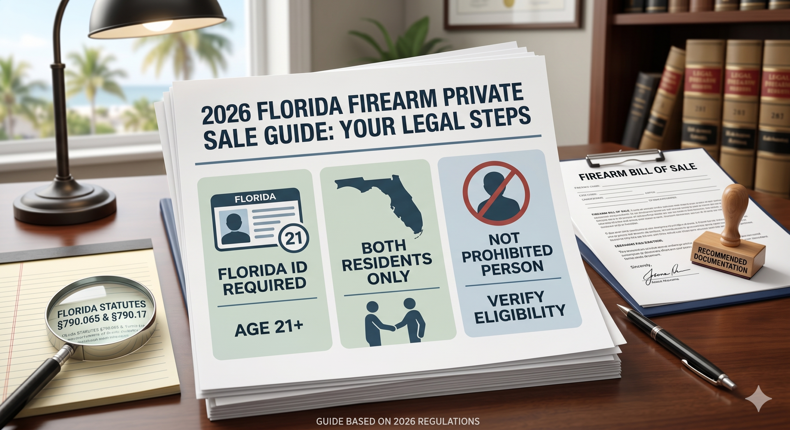 Infographic Outlining the  Legal Steps for Private Firearm Sales in Florida Including Age + Requirement Residency Verification and Checking Buyer Eligibility