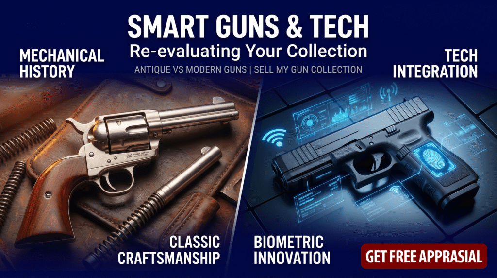 Banner comparing classic craftsmanship and modern gun tech: antique revolver on left, futuristic pistol on right, with bold headlines about smart guns and tech integration.