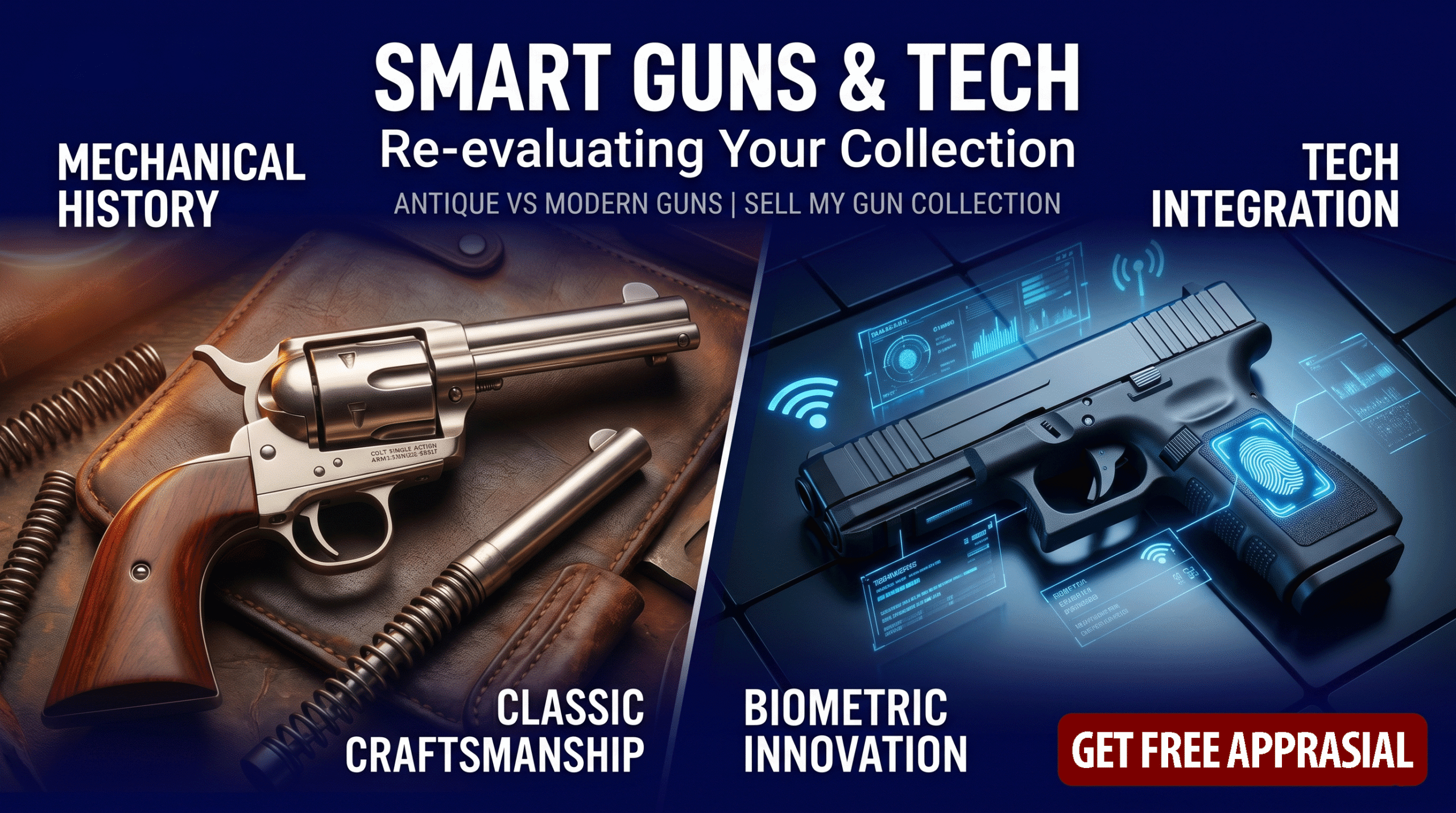 Banner Comparing Classic Craftsmanship and Modern Gun Tech Antique Revolver on Left Futuristic Pistol on Right with Bold Headlines About Smart Guns and Tech Integration
