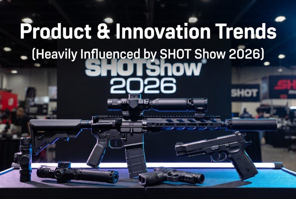 Display of multiple firearms and accessories on a showroom table at SHOT Show 2026; large 'Product & Innovation Trends' text overlay in the background.
