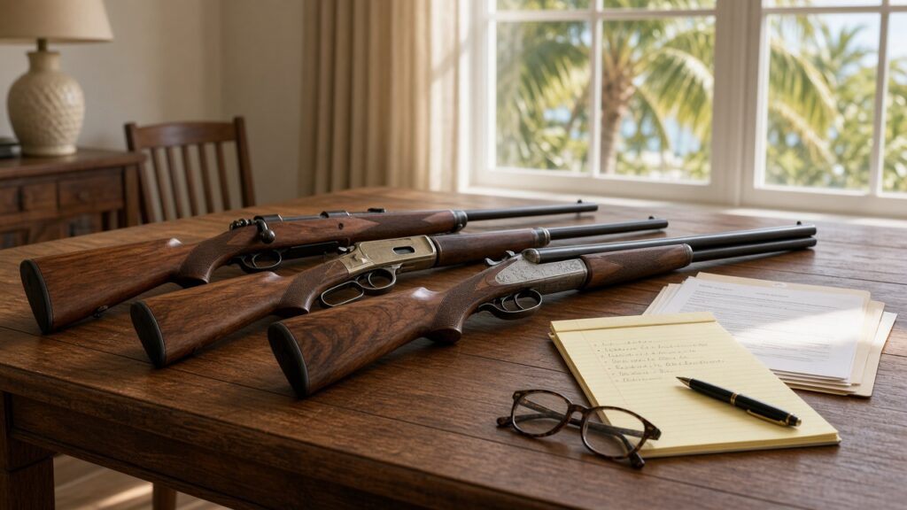 Inherited vintage rifles and a shotgun on a wooden table with estate papers and an inventory list, ready for a Florida FFL auction