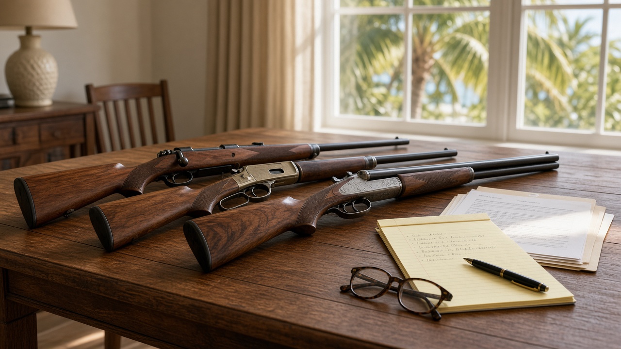 Inherited vintage rifles and a shotgun on a wooden table with estate papers and an inventory list, ready for a Florida FFL auction